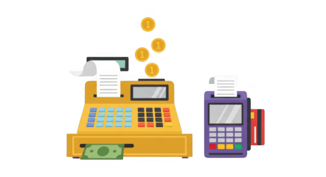 Cash register and card machine for processing payments and transactions isolated on transparent background