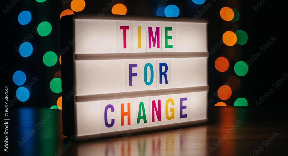 Poster lightbox with colorful letters spelling time for change against bokeh lights