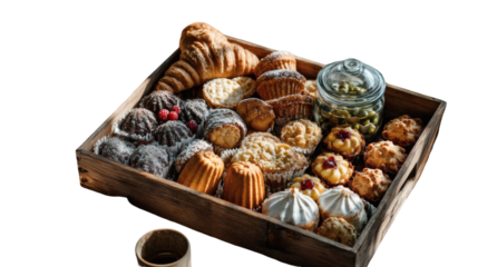 Indulge in a delicious assortment of freshly baked pastries including croissants muffins and cookies served on a rustic wooden tray perfect for delightful morning treats and celebrations