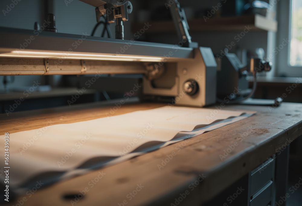 Poster automated pattern equipment on a fabric cutting table in a workshop
