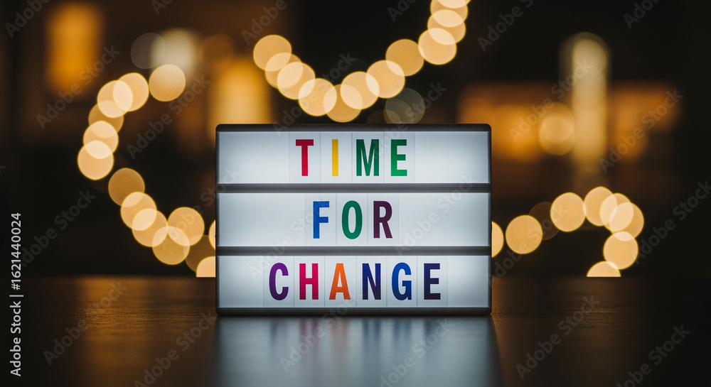 Poster lightbox with colorful text time for change and bokeh lights