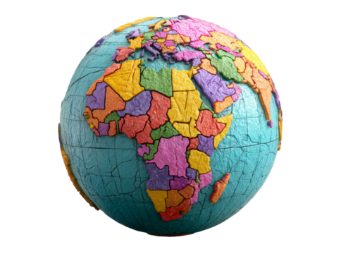 A cracked colorful world map globe representing global issues. Isolated On Transparent Background