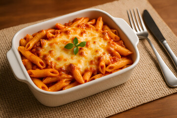 Delicious baked penne pasta with melted mozzarella and basil garnish ready to be served for dinner