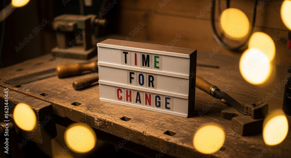 Poster lightbox with time for change message on a wooden workbench