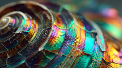Abstract beetle shell with iridescent rainbow pattern background, close-up of colorful layered spiral texture