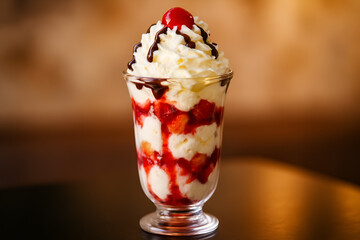 Indulge in a delicious strawberry sundae with whipped cream and chocolate sauce for a sweet treat today