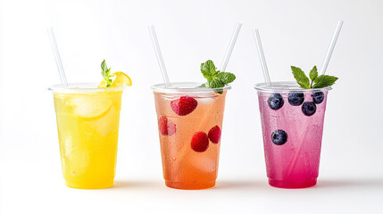 Different types of lemonade in a clear plastic cups with lid and straws. Strawberry blueberry and regular lemonade. Feel of to-go restaurant advertising on a white background