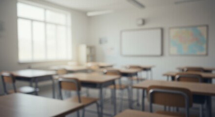 Dreamy Blur of a Quiet, Empty Classroom Bathed in Soft Window Light