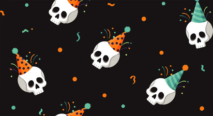 Fototapeta premium Playful cartoon skulls wearing colorful party hats with polka dots and stripes, celebrating a festive occasion.