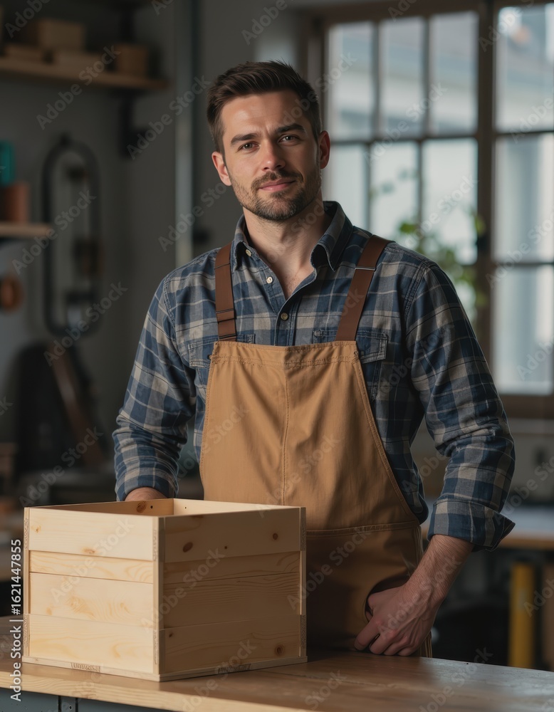Poster skilled builder assembling a wooden crate in a workshop setting