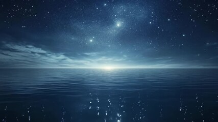 Glistening waters stretch into the horizon under a starlit sky. The soothing sound of waves blends with the peaceful vibe of nightfall. A moment inviting deep relaxation.