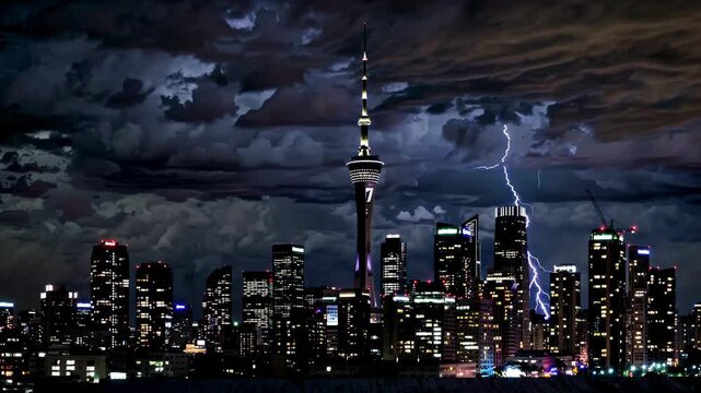 A view of a city skyline under a thunderstorm, almost apocalyptic.It evokes themes such as climate change, weather manipulation, and speculative HAARP technologies.Environmental impact, geoengineering