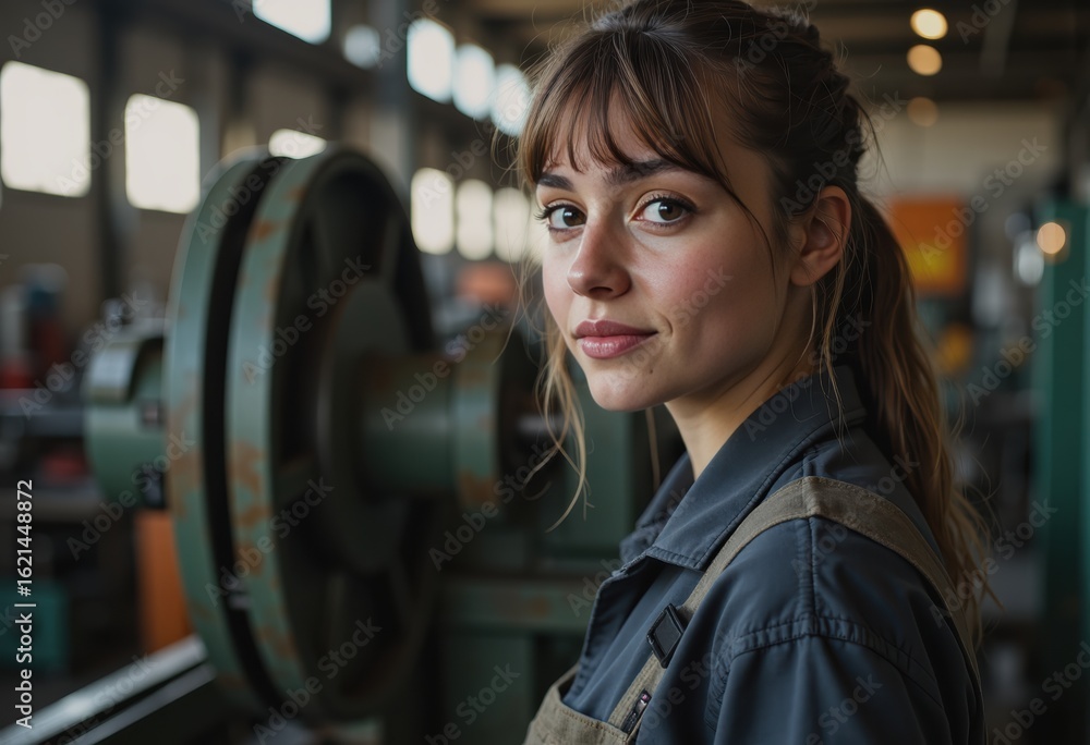 Poster stamping press operator working with sheet metal parts in a factory setting