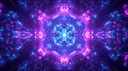 Geometric, symmetrical, abstract digital art with purple, blue, and a central bright light