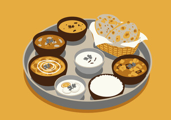 A circular silver tray holds bowls of Indian food  naan bread in a basket