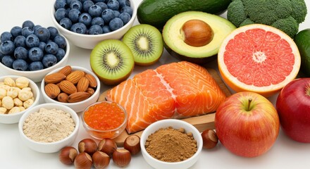 Vibrant Healthy Food Assortment: Fresh Salmon, Blueberries, Avocado, Nuts, and Fruits on White