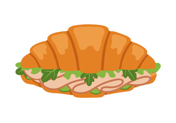 A filled croissant sandwich with green lettuce and meat or cheese slices