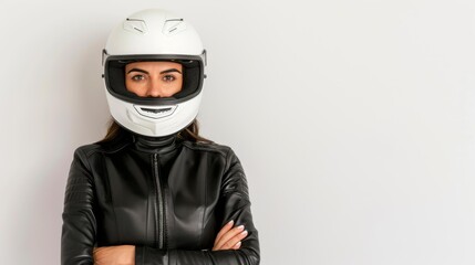 A motorcycle rider stands confidently in a white helmet, ready for the road, with a clean backdrop for focus.