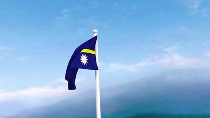 4k Nauru flag in the wind, blue sky with a cinematic view, Nauru flag waving in the wind with a drone shot sky background. It's the Perfect Loop national holiday and Independence Day