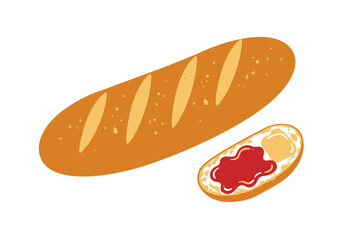 A loaf of bread with diagonal slits and a slice with butter and jam