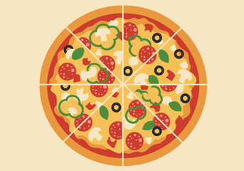 A pizza with pepperoni mushrooms green pepper basil and black olives is cut into eight slices