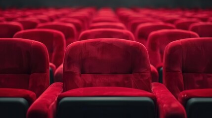 Obraz premium A quiet cinema hall, red seats in neat rows, waiting in anticipation as the closed curtain hints at the shows start.