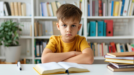 A weary boy with a frown struggles with homework surrounded by books in a school library, feeling overwhelmed and frustrated.