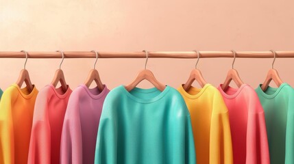 Vibrant sale background with colorful clothes hanging in a shop, ideal for showcasing trendy styles and discounts.