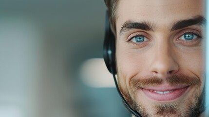 A focused call center operator assists customers through a glass partition, showcasing dedication and professionalism.