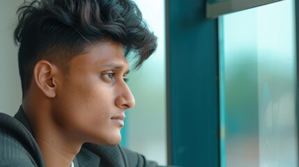 A young Indian businessman gazes out the window, observing the hustle and bustle of the vibrant city streets below.
