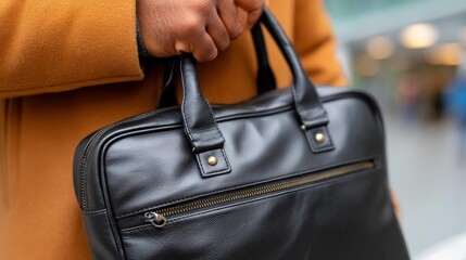 A smart businessman dons a sharp suit while holding a sleek black briefcase, epitomizing modern entrepreneurship.