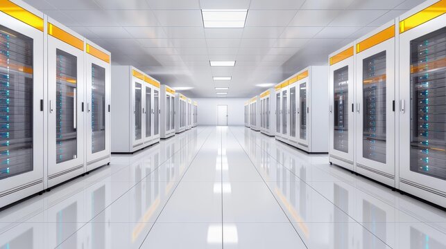 Explore the sleek design of server racks in a hightech data center, essential for secure network operations. - Powered by Adobe