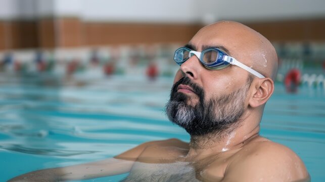 A middleaged man in swimming goggles relaxes by the pool after an intense swim, enjoying a welldeserved break.