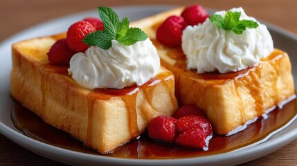 Indulge in this sweet honey toast, perfectly nestled on a plate, complemented by dreamy ice cream. A treat for dessert lovers