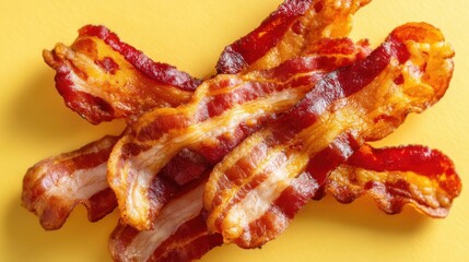 Savory, crispy bacon strips that sizzle with flavor, presented on a bright yellow background for a mouthwatering appeal.