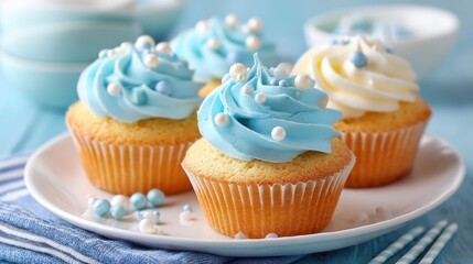 Indulge in these scrumptious vanilla cupcakes topped with sky blue frosting and elegant decorative pearls for a delightful treat