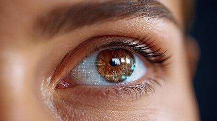 A striking closeup of a human eye illuminated by intricate cyber network graphics, showcasing the fusion of biology and technology.