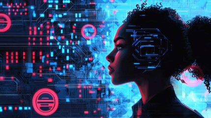 Profile of woman against digital circuit background