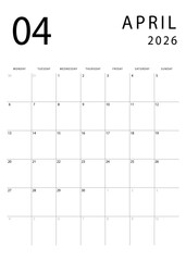 April 2026 calendar. Clean and simple monthly planner template. Portrait orientation. Monday start. Vector design.