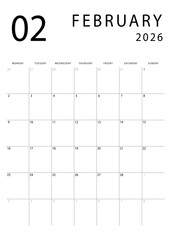 February 2026 calendar. Clean and simple monthly planner template. Portrait orientation. Monday start. Vector design.