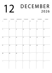 December 2026 calendar. Clean and simple monthly planner template. Portrait orientation. Monday start. Vector design.