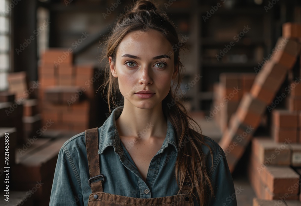 Poster brick factory worker inspecting clay mixture quality in a rustic setting