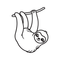 Simple and Cute Animal Line Art Vector Illustration of a Sloth Hanging from a Branch