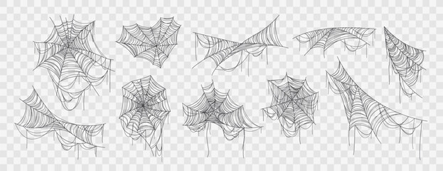Halloween cobweb set. Isolated realistic black spiderweb bundle in various shapes for spooky and gothic designs. Perfect decoration for web, print, and party themes. Vector thin line art elements.