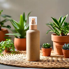 A beige spray bottle sits amidst terracotta potted succulents and plants, bathed in sunlight.