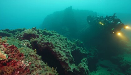 Underwater robot with robotic arms exploring a deep-sea environment.