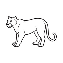 A simple black and white line art illustration of a powerful feline standing majestically in profile