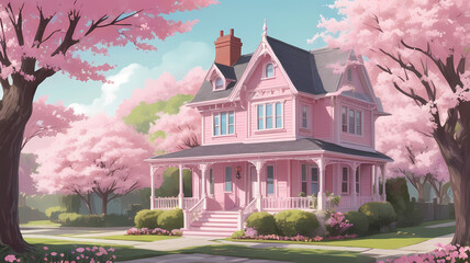A whimsically pink house nestled among blossoming cherry trees in full bloom