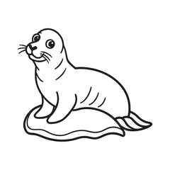 A Cute Cartoon Seal Sitting On A Rock Enjoying The Sunshine Minimalist Line Art Illustration