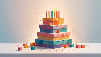 Fototapeta premium Stylized Birthday Cake Made of Boxes with Burning Candles and Colorful Confetti